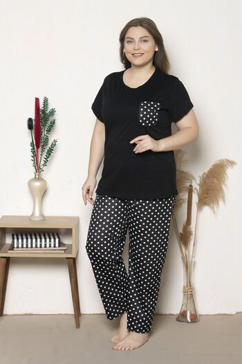 MyBen Plus Size Black Colored Polka Dot Patterned Short Sleeve Oversize Pajamas Set B-13