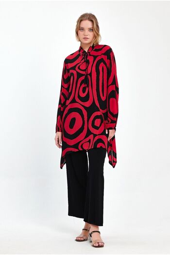 bacc Women's Red Geometric Patterned Trousers and Long Tunic Bottom Top Set Bcvl- 241017