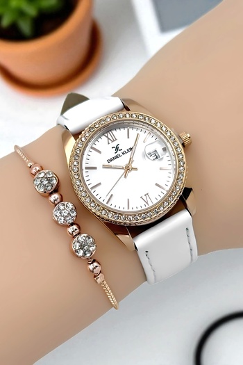 Daniel Klein Women's Wristwatch, Leather Cord, Steel Case+Bracelet Gift White-Rose Zmdk1198