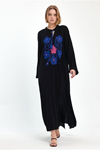 bacc Black Embroidery Detailed High Collar Long Women's Dress - Bcvl-241036