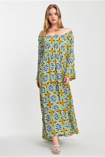 bacc Yellow Blue Patterned - Off-Shoulder Comfortable Cut Woven Dress Bcvl-242251