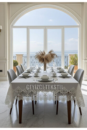 Çt Çeyizci Tekstil French Lace Dining and Tablecloth Set for 12 People - Ecru1