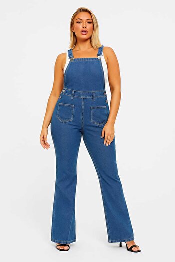 Şans Women's Large Size Navy Blue High Waist 6 Pocket Denim Salopet Jumpsuit 65N38882