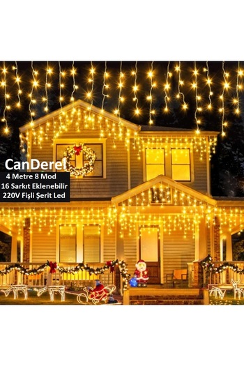 Canderel Sarı Led Işık 8 Fonksiyonlu Perde Led 4 Metre 50x60x70 Saçak Gün Işığı - 96 Ledli Saçaklı Led