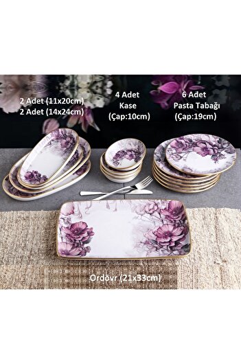 Pinkev 27 Parça 6 Kişilik Çay Bardaklı Seramik Kahvaltı Pasta Sunum Tabağı Takımı Seti - Purple
