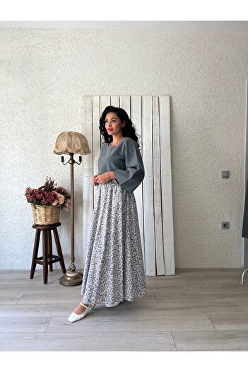 KÜÇÜĞÜM BUTİK Gray Daisy Poplin Flared Skirt