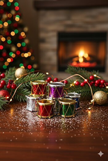 Deniz Party Store 9 Pieces Mini Drum Ornaments - Christmas Pine Tree, 2 cm