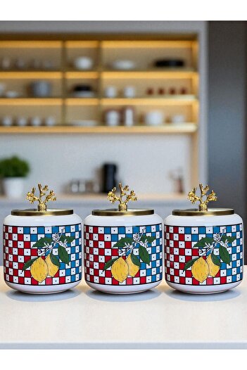ferayhome Spice Bowl Set of 3 Oval Large Size Coffee Corner Set 1400 ml (Tea, Coffee, Sugar) Checkered Lemon Gold