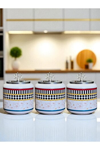 ferayhome Spice Jar Set of 3 Oval Large Size Coffee Corner Set 1400 ml (Tea, Coffee, Sugar) Butterfly Pattern Silver