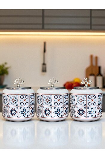 ferayhome Spice Jar Set of 3 Oval Large Size Coffee Corner Set 1400 ml (Tea, Coffee, Sugar) Ceramic Pattern Silver