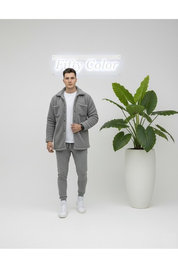 Fifty Color Unisex βελούδινο γκρι μπουφάν και γκρι αθλητική φόρμα συνδυασμένη στο κάτω μέρος