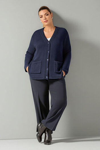 Hanezza Large Size Ribbed Detailed Knitwear Jacket