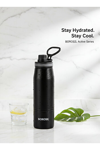Borosil Stainless Steel Vacuum Insulated Water Bottle Black, 600ml