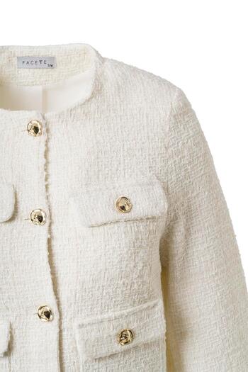 FACETTE Women's Ecru Button Detail Tweed Jacket