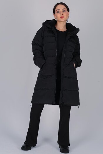 FACETTE Women's Black Hooded Puffer Jacket with Zipper Detail