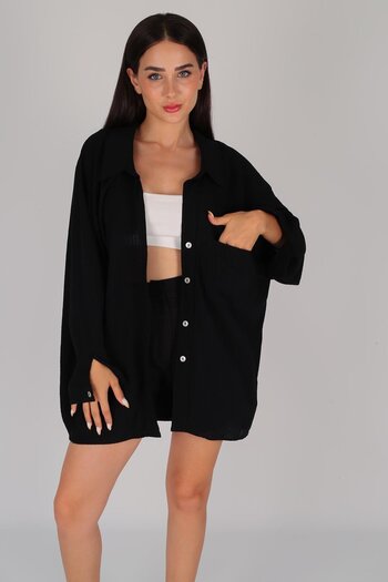 FACETTE Black Oversize Women's Shirt - Off Shoulder