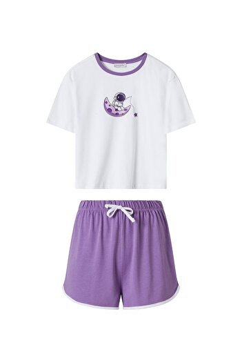 FACETTE Women's Lilac Astronaut Pattern T-Shirt Shorts Pajamas Set