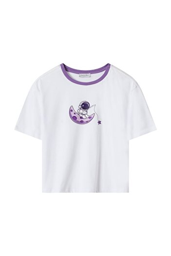 FACETTE Women's Lilac Astronaut Pattern T-Shirt Shorts Pajamas Set