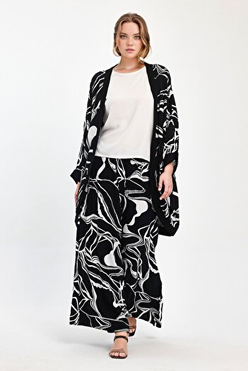 bacc Maxi Size Black Printed Kimono and Trousers Woven Viscon Bottom Top Set Bcvl-251068
