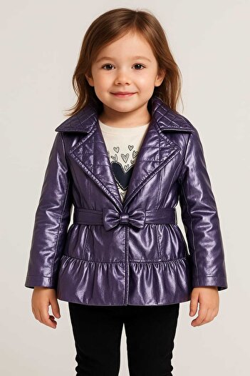 GAMZEAKKUŞ Lined, Hooded Jacket, Printed, Guipure Detailed Bodysuit, Velvet Pants, Belt 4-Piece Girl's Set