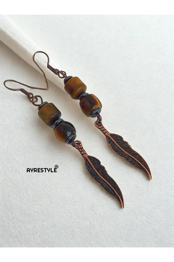 ayrestyle Tiger Eye and Hematite Stone Eagle Feather Detailed Copper Color Dangle Women's Earrings