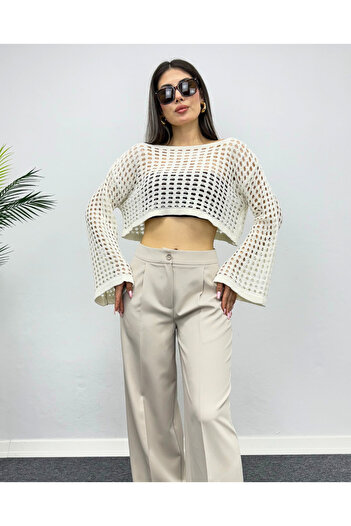 deqfashion Women's Beige Openwork Knitwear Crop