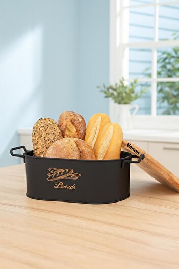 MG HOME Black Wooden Bread Box - Kitchen Layout and Bread Basket Metal Bread Holder