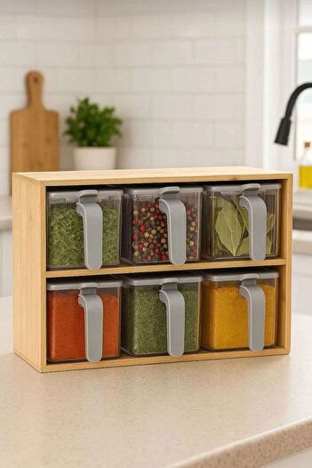 Piev 6-Piece Transparent Spice Container Set with Bamboo Stand, Divided Compartments, Lid and Spoon