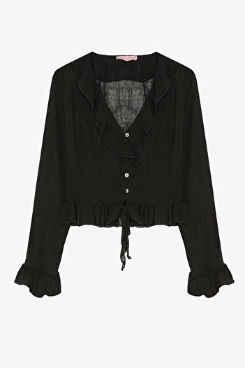 Quzu Ruffle Detailed V-Neck Buttoned Blouse Black