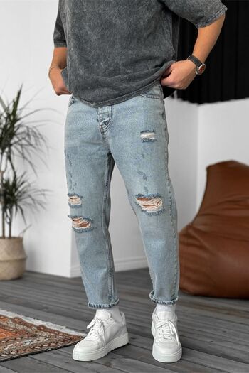 MADZEYMODA Boyfriend férfi szakadt részletes kék Jean farmernadrág