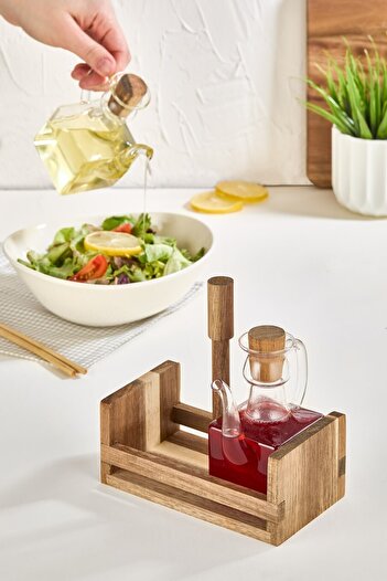 Lora Bianca Set of 2 Glass Oil Pot & Vinegar Bowl with Acacia Wood Stand