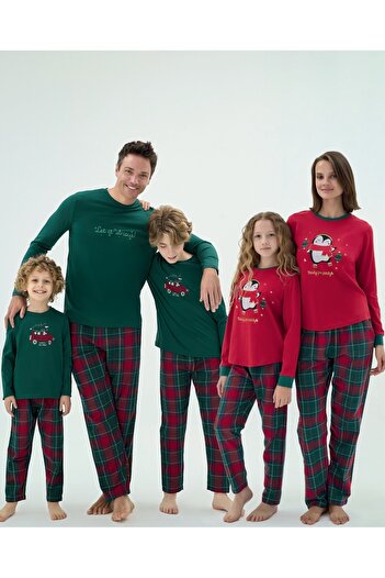 Sevim 17346 Green and Red Plaid Penguin Pajama Set'Mother Daughter Family Combination Can Be Made'
