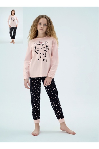 Sevim 17008 Black and Pink Heart Patterned Elasticated Pajama Set'Mother and Daughter Combination Can Be Made'