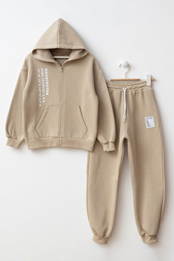 Minipodyum Printed Front Zipper Boys' Bottom Top Tracksuit Set