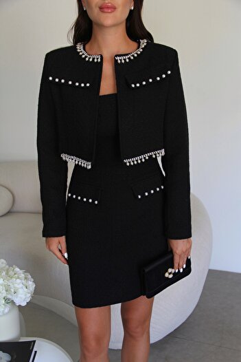 Julidress Black Pearl Detailed Mini Dress and Crop Jacket Bottom Top Premium Tweed Set