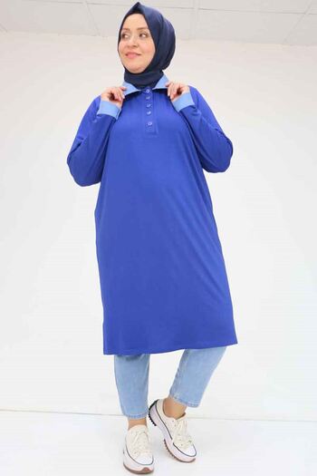 Eslina F-58036 Plus Size Collar and Sleeve Combination Combed Cotton Tunic - Indigo
