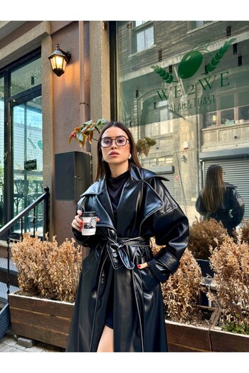 Flirtix Women's Black Leather Trench Coat