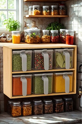 Piev 6-Piece Transparent Spice Rack with Bamboo Stand, Divided Lid, and Spoon
