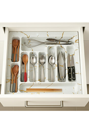 GörSeç Λευκό Organizer - 55 cm Μαχαιροπήρουνα, Κουτάλι και Σκληρό Πλαστικό που Μπορεί να Κοπεί, με Χρυσή Λεπτομέρεια