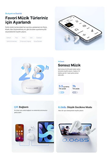 QCY Melobuds N30 Adaptif Anc Bluetooth Kulaklık 4 Mikrofon Çift Cihaz Desteği Ipx4 Siyah