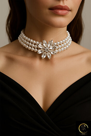 MinimalistTasarım xtaki Zirkon Taşlı Inci Choker Kolye ,tasma Choker Kolye ,gül Choker Kolye, Taşlı Choker Kolye