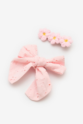 Le Mabelle Pink Scallop Bow Knitted Flower 2-Piece Clip Buckle