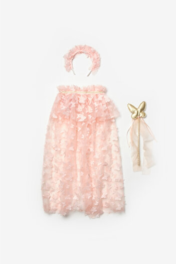 Le Mabelle Salmon Butterfly Appliqued Girl's Cape Scepter Crown Set