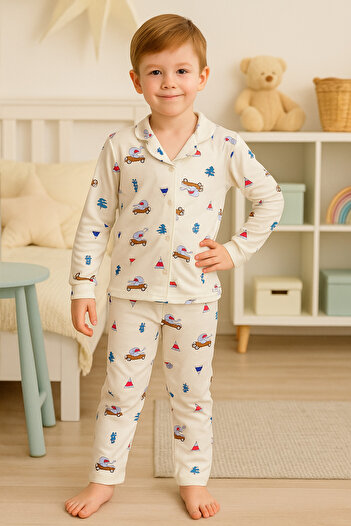 zahider Boy's Cotton Car Patterned Buttoned Pajamas Set