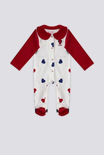 U.S. Polo Assn. Ecru Heart Pattern Baby Jumpsuit with Booties
