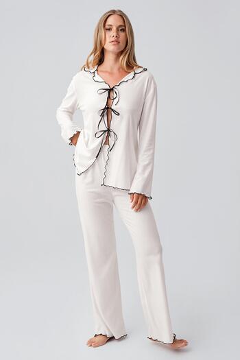 Artış Long Sleeve Ribbon Tie Bow Viscose Pajama Set
