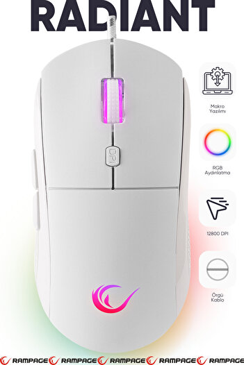 Rampage Radiant M1 Rgb Makrolu 12800 Dpi E-spor Örgü Kablo Profesyonel Gaming Mouse Oyuncu Mouse