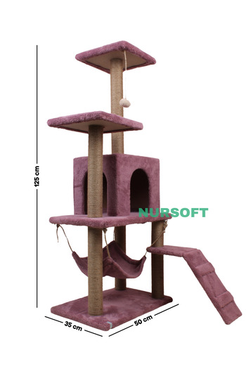 Nursoft B-07 Hamaklı Yuvalı Lüx Kedi Tırmalama Oyun Evi- Gül Kurusu