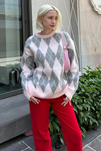 Madmext Pembe Bisiklet Yaka Şardonlu Baklava Desenli Kazak Mg2493