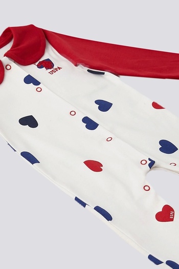 U.S. Polo Assn. Ecru Heart Pattern Baby Jumpsuit with Booties